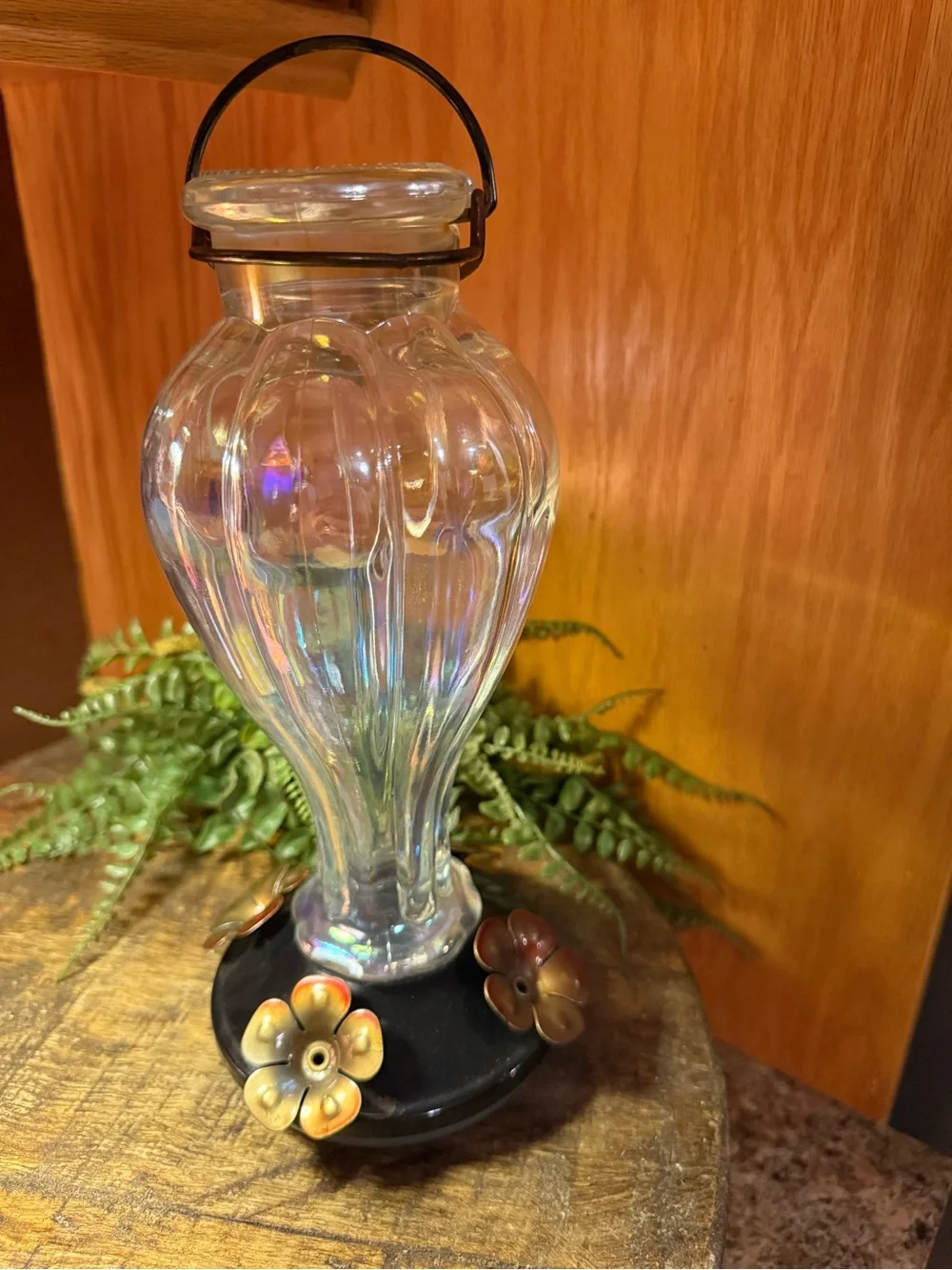 Iridescent Glass Hummingbird Feeder with Black Base